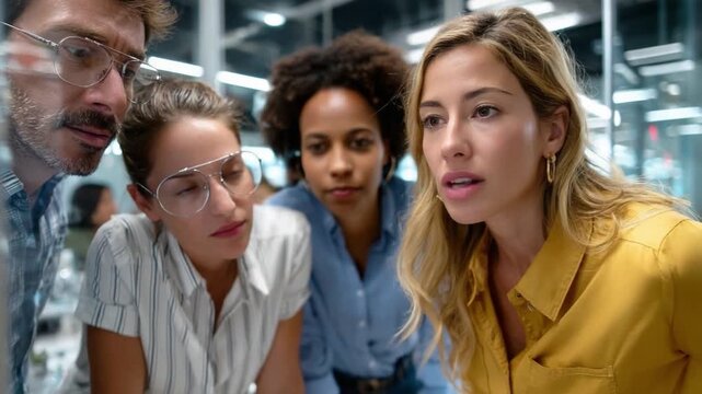 Focused minds: A group of focused individual intently observing a detailed project in a modern and well-lit office, embodying collaborative effort and professional teamwork