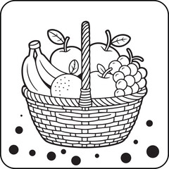 Hand Drawn Fruit Basket Coloring Page – Assorted Fruits and Grapes Illustration, Kids and Adults Printable Coloring Page.
