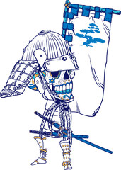 ice hockey player Shows a samurai skull design. Full-frame composition, blue-multicolor tone. Artistic style, warrior background