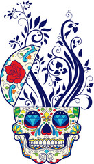 carnival mask vector illustration Displays a floral and skull design. Full-frame composition, blue-multicolor tone. Artistic style, tattoo background