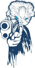 vector illustration of a man with a gun Shows a cat with a gun design. Full-frame composition, blue-multicolor tone. Artistic style, urban background