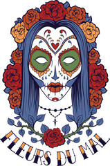 carnival mask on black Displays a colorful sugar skull woman design with flowers. Full-frame composition, multicolor tone. Artistic style, festive background