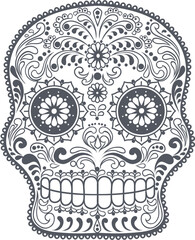 vector illustration of a decorative ornament Shows a black-and-white sugar skull design. Full-frame composition, gray tone. Artistic style, festive background