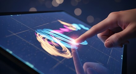 Futuristic digital touch interface analyzing financial data, innovation concept background