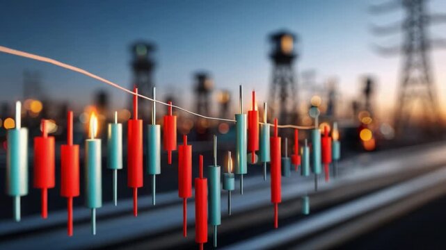 Stock Market Insights:  A captivating depiction of the stock market, displaying candlestick charts superimposed over an industrial landscape during twilight.
