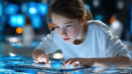 Girl and Technology: A young girl, immersed in a futuristic technological environment, explores an interactive touchscreen interface with focused concentration. - Powered by Adobe