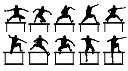 Dynamic silhouettes of athletes hurdling over obstacles in a sequence of athletic movements and sports action