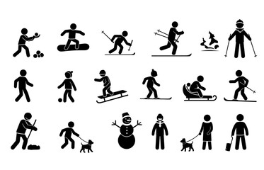 Collection of winter sports and activities icons featuring skiing snowboarding sledding and dog walking