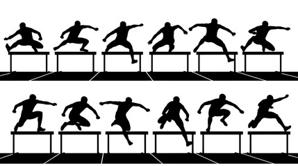 Silhouettes of athletes jumping over hurdles in a track and field race demonstrating athletic movement and competition