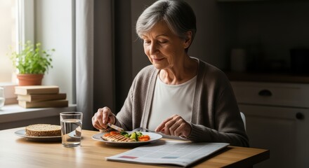 Mature caucasian woman eating healthy meal at home near sunlit window