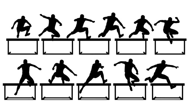 Dynamic silhouettes of athletes hurdling over obstacles in a sequence of athletic movements and sports action