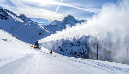 Snowmaking machine on snowy mountain slope