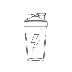 Clean outline drawing of a transparent protein shaker bottle with a lightning bolt symbol on a white background