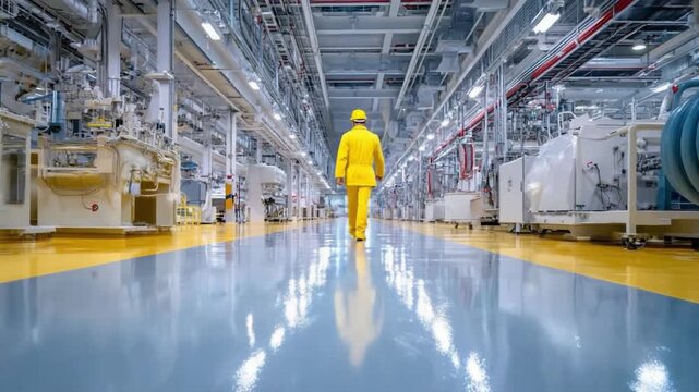 Industrial Journey: A lone figure, dressed in vibrant yellow protective gear, strides purposefully through a vast, modern industrial facility. Capturing the essence of progress, innovation.