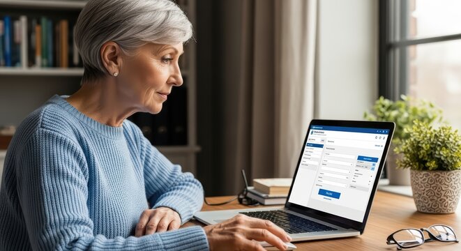 Mature caucasian female using online banking at home computer