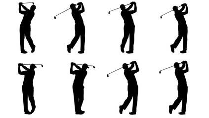 Silhouette of a male golfer in mid swing with a golf club against a white background