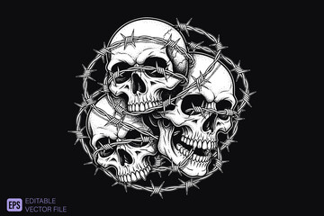 Three Skulls Entwined with Barbed Wire in a Dark and Edgy Design