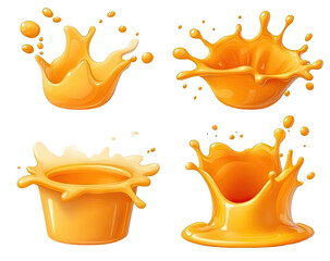 Four amber liquid splashes with cartoon rendering style