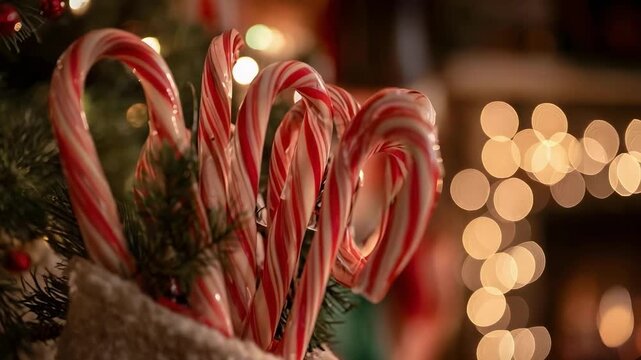 A Christmas stocking stuffed with candy canes, with festive lights and decorations in the background.