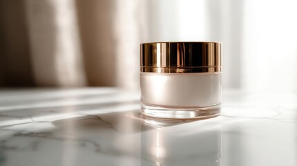 high end skincare jar with metallic lid on white marble surface, soft sunlight, blurred background, luxurious and clean composition
