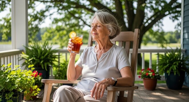 Elderly caucasian woman enjoying iced tea on porch in summer - Powered by Adobe