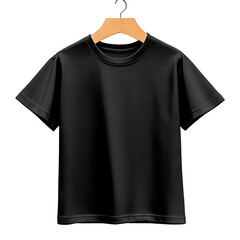 Black tee shirt, hung on wood hanger, on black background