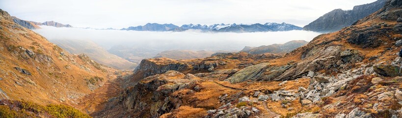Panorama of Autumn hike in Alps