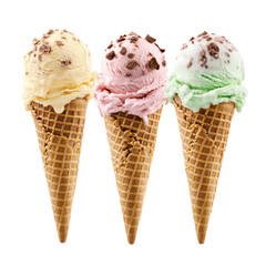 Ice cream scoops in cones vanilla, strawberry, mint