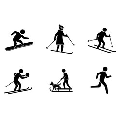 Collection of six black silhouette icons representing various winter sports and outdoor activities for a clean graphic design
