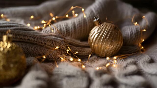golden Christmas ornaments on a cozy gray knitted blanket with warm fairy lights.