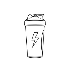 Simple line art illustration of a protein shaker bottle with a lightning bolt symbol for energy and fitness