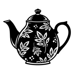 Elegant black and white illustration of a vintage teapot adorned with delicate floral leaf patterns and ornate details