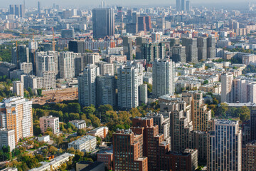 Fototapeta premium Panorama of the city with buildings and sights from above. Moscow, Russia - 12 Sep 2025