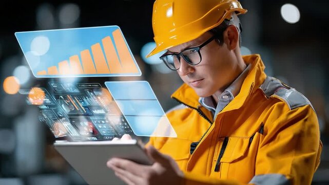 Technological Architect at Work: An engineering professional, clad in safety gear, intently reviews data on a tablet. Digital interfaces overlay, showcasing innovative design and efficiency. 