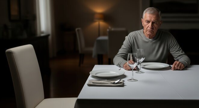 Elderly caucasian male alone at dinner table in dimly lit room