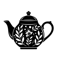 Elegant black teapot adorned with delicate white floral and botanical illustrations on a clean white background