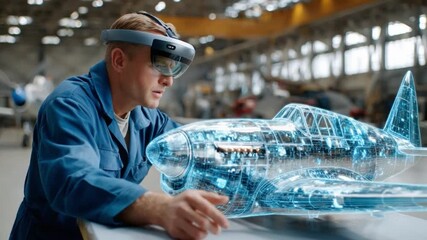 Augmented Reality in Aviation: An aircraft engineer uses an augmented reality headset to inspect a virtual aircraft model, highlighting innovation in the aviation sector. - Powered by Adobe