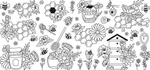Honeycomb and bee themed floral pattern