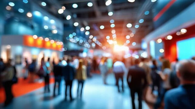 Exhibition crowd scene: A bustling scene from a grand exhibition hall, filled with the blurred figures of attendees, and showcasing a vibrant atmosphere of interaction and networking.