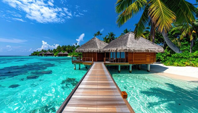 Tropical beach huts on crystal water