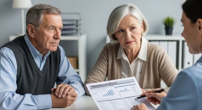Elderly caucasian couple discussing pension plans with female financial advisor in office