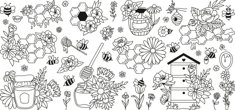 Honeycomb and bee themed floral pattern