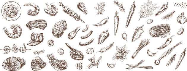 Brown food silhouettes on black background