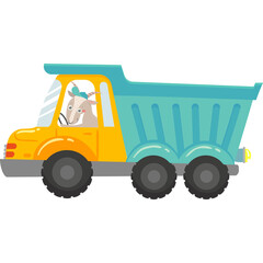 Pixel Art Goat Driving A Teal Dump Truck With Yellow Cab And Gray Wheels On Transparent Background A Whimsical Cartoon Style Illustration