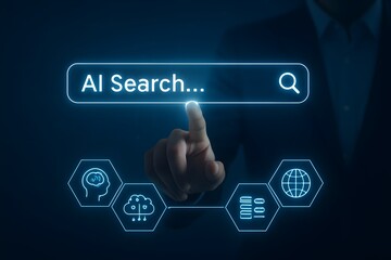 interacting with a futuristic, transparent search bar that reads "AI Search...", surrounded by digital hexagon icons representing concepts like data, cloud, global network, and settings.