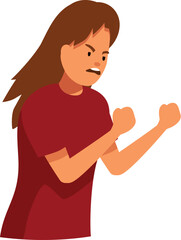 Aggressive young woman raising fists and arguing with an angry expression