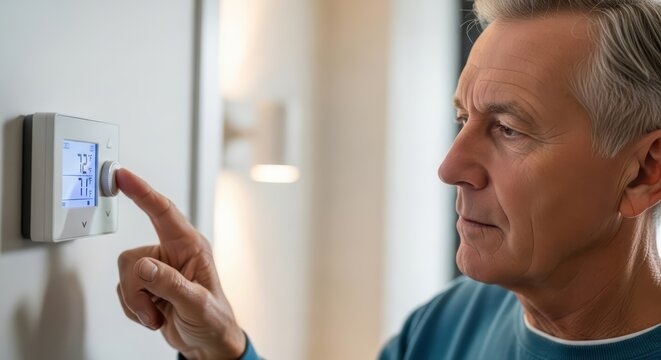 Elderly caucasian male adjusting digital thermostat in modern home setting
