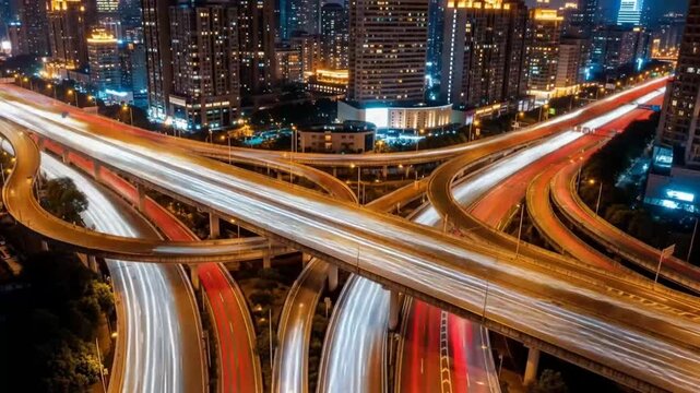A long exposure shot of a bustling urban highway interchange at night, with streaks of light from moving vehicles and a city skyline in the background.