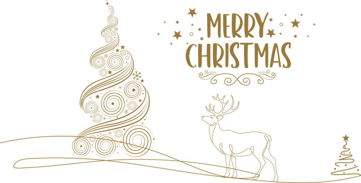Elegant Merry Christmas greeting with a minimalist swirling line art Christmas tree and graceful deer