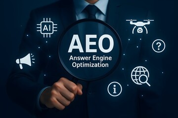 Conceptual image illustrating the strategic approach to Answer Engine Optimization, emphasizing its links to artificial intelligence, information gathering, and content visibility in the digital lands